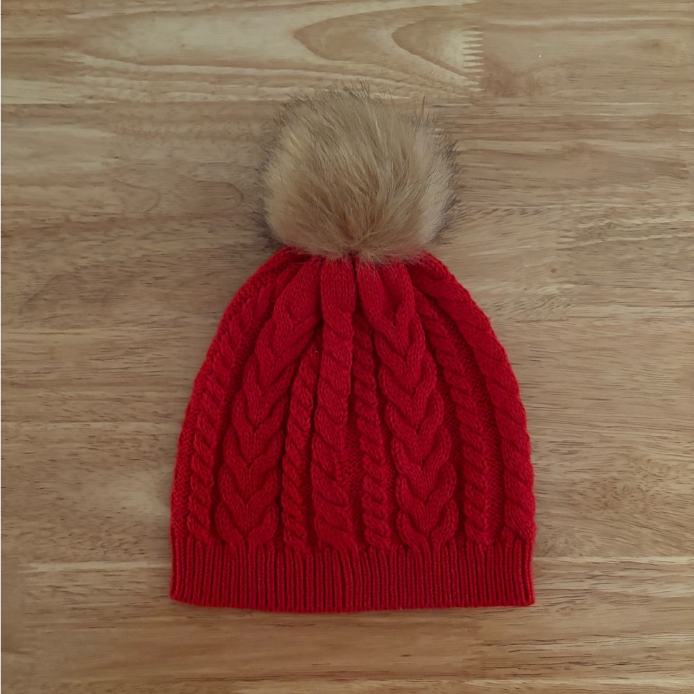 J.Crew red pompom beanie, like new